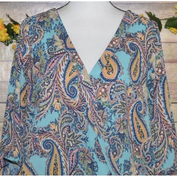 Veronica M. Ladies Paisley Faux Wrap V-Neck Blouse Top Size L Boho Colorful - Picture 2 of 10